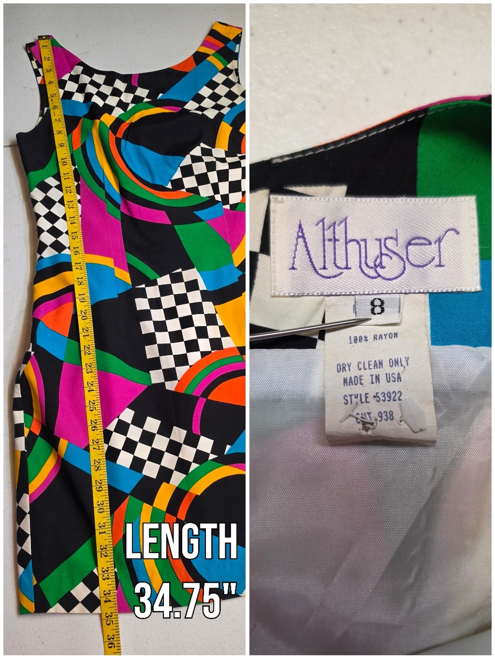 Vintage 80s Colorful Checkered Geometric Print Sleeveless Sheath Midi Dress - Picture 13 of 14